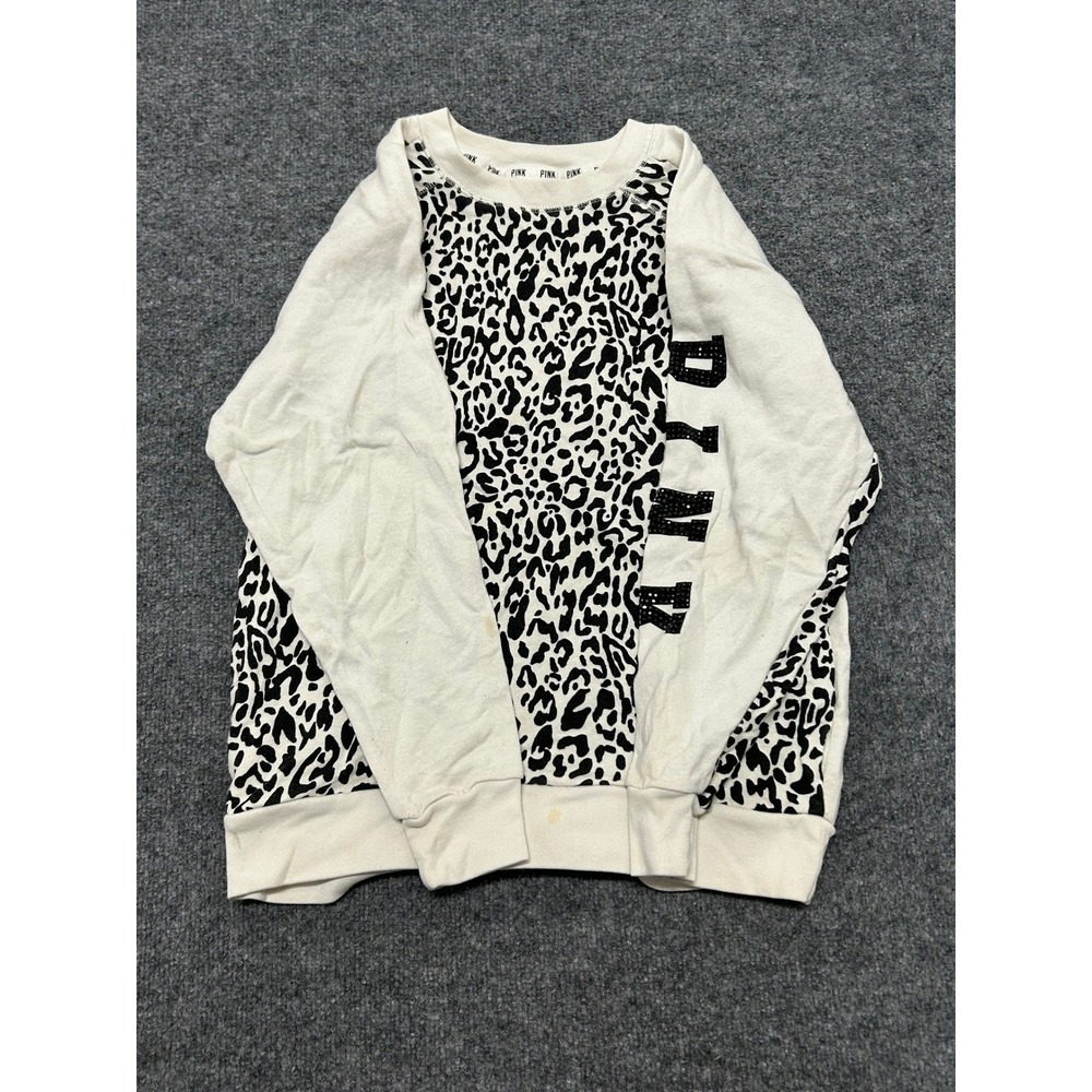 PINK Sweatshirt Womens XS White Leopard Print Logo Long Sleeve Pullover Crewneck